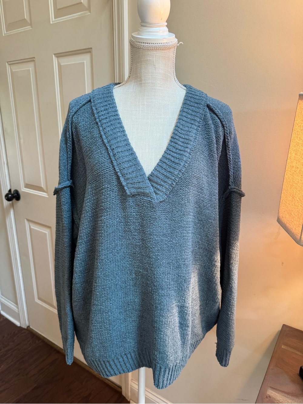 Wishlist Deep V-Neck Relaxed Sweater in Slate Blue